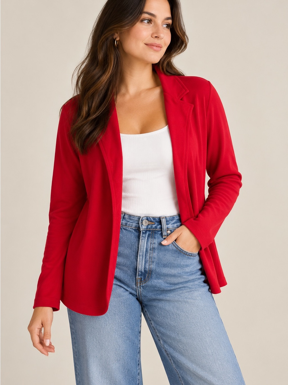 JKLA Red Open Front Blazer Cardigan Office Wear Smart Casual Formal Layering Top